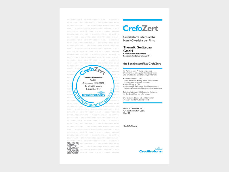 Creditreform Zertifikat CrefoZert an Thermik Gerätebau GmbH